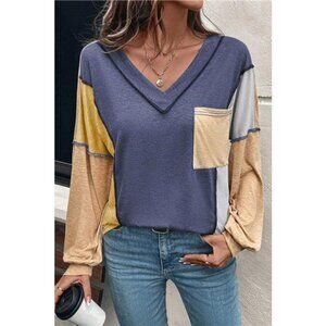 Color Block V-Neck Long Sleeve T-Shirt‎